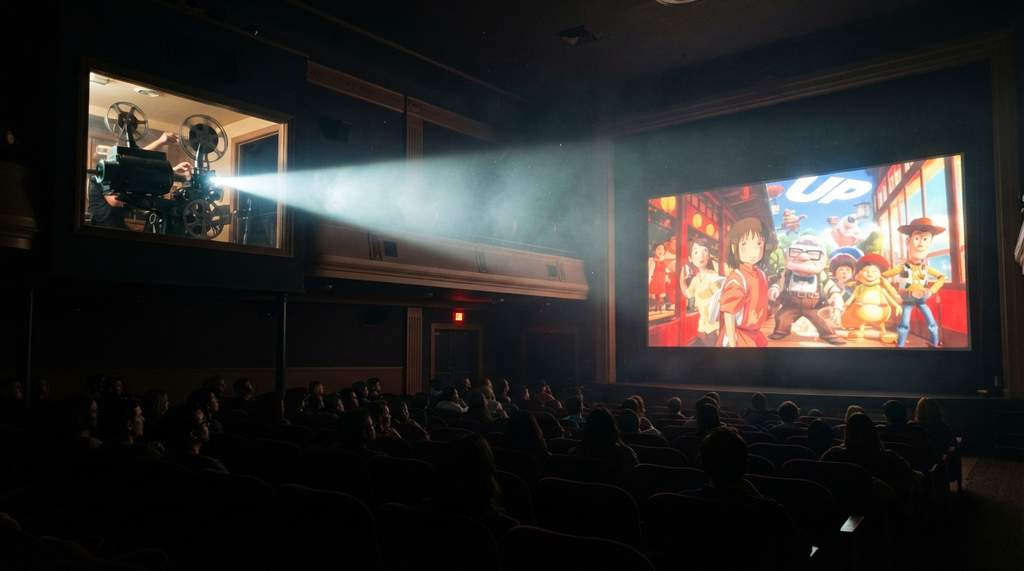 karanlık sinema salonunda perdeye yansıyan büyülü film ışığı huzmesi